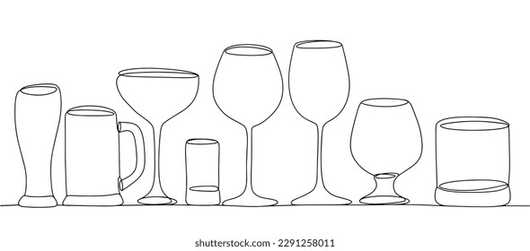 Different glasses for different types of alcoholic beverages. One line drawing for different uses. Vector illustration.