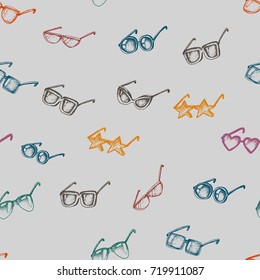 Different glasses types on grey background seamless pattern, hand drawn doodle style vector. Sketch illustration.