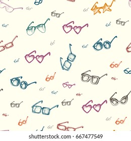 Different glasses types seamless pattern, doodle vector.