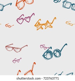 Different glasses types seamless pattern, hand drawn vector. Sketch illustration.