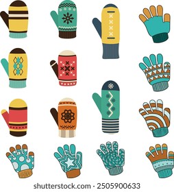 Diferentes guantes y mitones como ropa de mano para el conjunto de Imágenes vectoriales de temporada de invierno y otoño