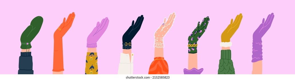 Different Gloves Set. Elegant Woman Hands Accessories From Leather, Knit, Velvet, Silk, Fabric, Sheer Tulle. Trendy Outfit For Autumn Or Winter With Mitten, Shortie, Garment, Lace. Isolated Vector