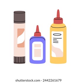 Different glue stick, bottle, plastic jar with cap. School stationery, office supplies. Adhesive materials to craft with paper. Art class tools. Flat isolated vector illustration on white background