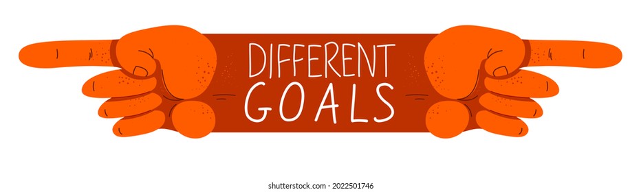 Different goals opposite aspirations conflict in business vector concept, two pointing hands in different directions, corporate team inner conflict.