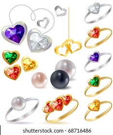 Different gold and silver rings and necklaces with gems