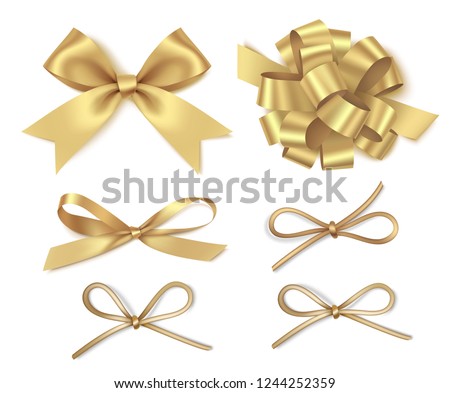 Different golden bow isolated on white background. New year holiday decorations set. Vector illustration