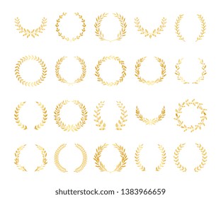 Different golden silhouette circular laurel leaves or olive branches wreaths vector illustration icons set isolated on white background. Champions and winners award emblem.