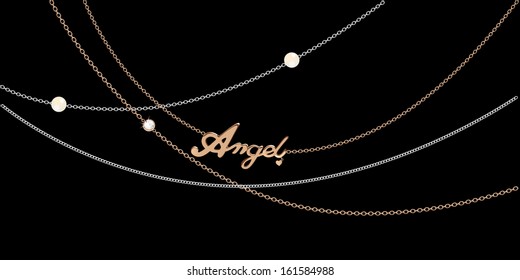 Different golden, silver necklace with golden angle pendant.