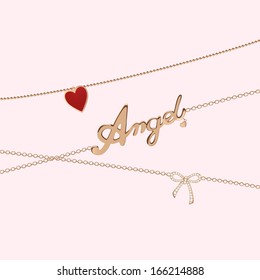 Different golden, silver necklace with golden angle pendant. 