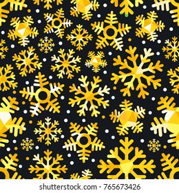 Different golden snowflakes. Abstract seamless background