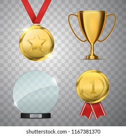Different Golden trophy cups, medal, awards and glass round prize.