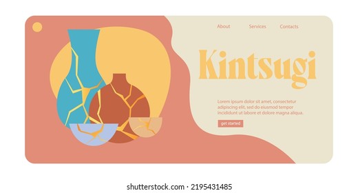 Different golden  vintage vase of Kintsugi. Landing Page Template. Restoration of old dishes. Marble pattern. A stylish vector element. All objects are isolated.