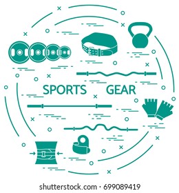 Different goods for weightlifting arranged in a circle. Illustration on the sports theme. 