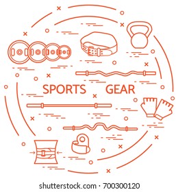 Different goods for weightlifting arranged in a circle. Illustration on the sports theme. 