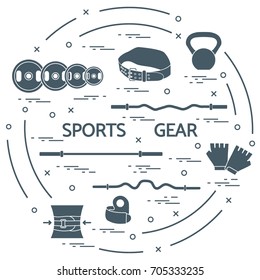 Different goods for weightlifting arranged in a circle. Illustration on the sports theme. 