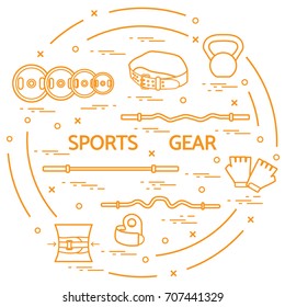 Different goods for weightlifting arranged in a circle. Illustration on the sports theme. 