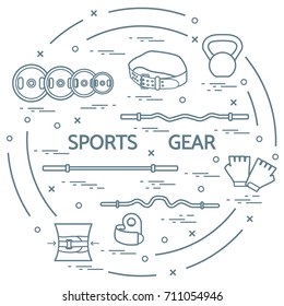 Different goods for weightlifting arranged in a circle. Illustration on the sports theme. 