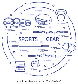 Different goods for weightlifting arranged in a circle. Illustration on the sports theme. 