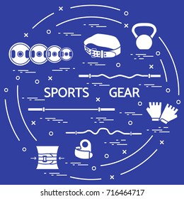 Different goods for weightlifting arranged in a circle. Illustration on the sports theme. 