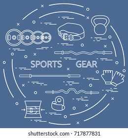 Different goods for weightlifting arranged in a circle. Illustration on the sports theme. 