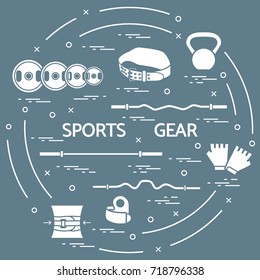 Different goods for weightlifting arranged in a circle. Illustration on the sports theme. 