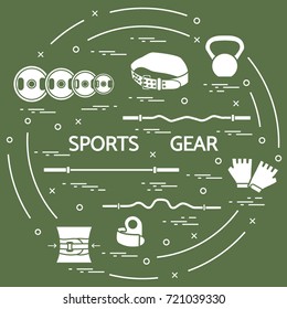 Different goods for weightlifting arranged in a circle. Illustration on the sports theme. 