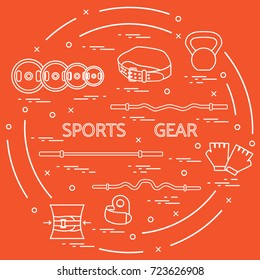 Different goods for weightlifting arranged in a circle. Illustration on the sports theme. 