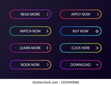 Different gradient colors and icons on white forms with shadows. Set of vector modern material style buttons.