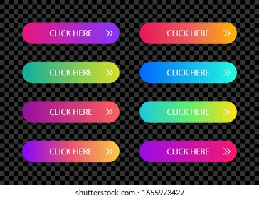 Different gradient colors and icons on white forms with shadows. Set of vector modern material style buttons.