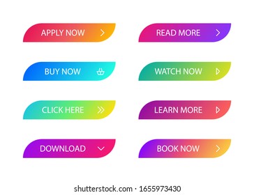Different gradient colors and icons on white forms with shadows. Set of vector modern material style buttons.
