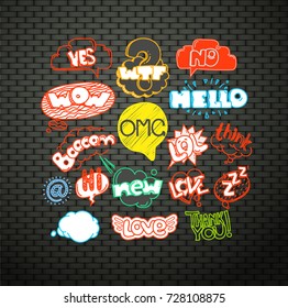 Different graffiti elements on the dark wall
