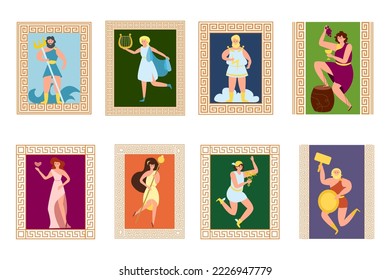 Different Greek gods in frames cartoon illustrations set. Collection of cartoon drawings of Olympus characters from ancient myths isolated on white background. Mythology, history concept