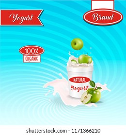 Different green apple, 3d realistic vectors illustration of flavor yogurt ad, product logo, promotion: milk, white yogurt splash, berry slices, tasty food ad design, retro background