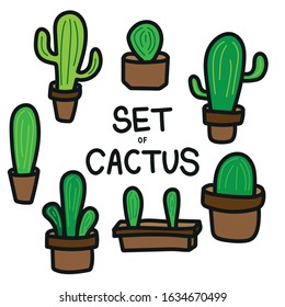 different green cacti in pots. painted cacti of different types on a white background