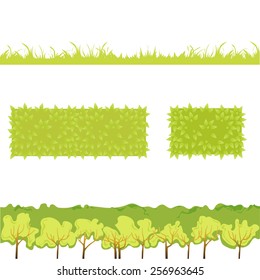 Different Green Grass with bushes. Isolated On White Background. Vector Illustration. Concept  design elements for garden. Spring Garden. Eps 8