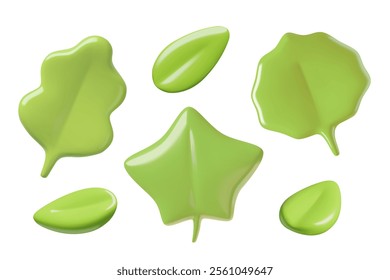 Different green leaf 3d vector icons set. Cute minimal spring and summer plants elements isolated on white background. 