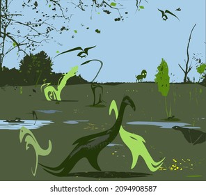 Different green monsters and dinosaurs walk in nature, in the swamp
