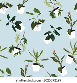 Different green plants, palms tree in pots seamles pattern for inside and outside. Blue background.