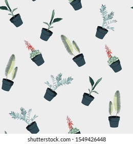 Different green plants in pots seamles pattern for inside and outside.