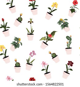 Different green plants in pots seamles pattern for inside and outside. White background.