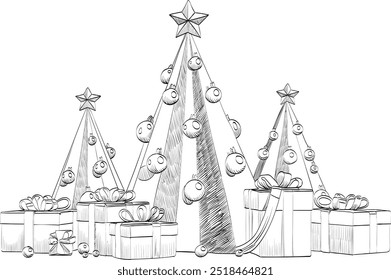 Diferentes caixas de presente de Natal verde e vermelho empilhadas em um fundo branco