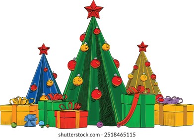 Different green and red Christmas gift boxes stacked on a white background
