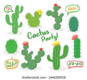 Different green succulent plants with flowers icon set isolated, cactus party, hola, vector illustration