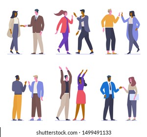 Different greetings flat vector illustrations set. Happy office workers, students, friends in formal clothes cartoon characters. Smiling people in cheerful poses. Handshake, fist bump and high five