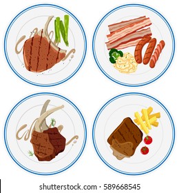 Different grilled meat on plates illustration