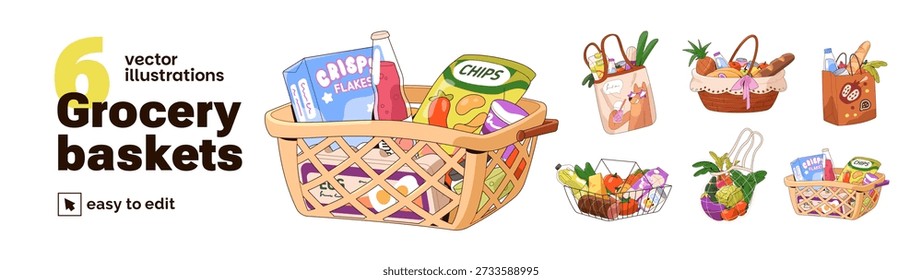 Different grocery baskets full of food set. Shopping mesh bags with supermarket goods. Shoppers with purchases from market, store or, shop. Flat isolated vector illustrations on white background