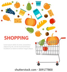 Different grocery products are flying out from the shopping cart, shopping background, vector illustration