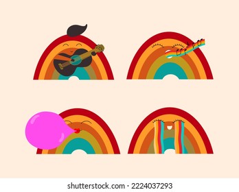 Different groovy rainbow hippies. Set of stickers with 60s, 70s kawaii retro characters.