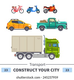 Different ground transportation: truck, car, motorcycle, moped, bike, van. Set of elements for construction of urban and village landscapes. Vector flat illustration