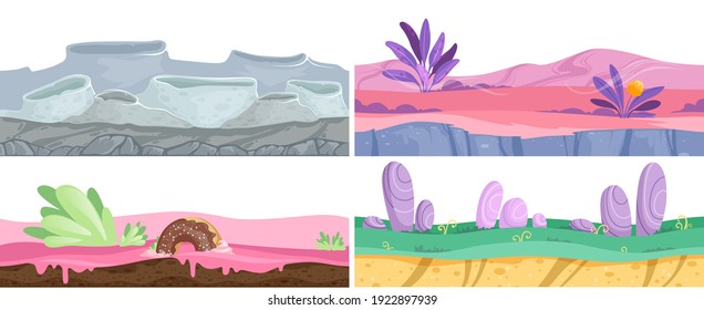 Diferentes motivos. Pancartas dulces, postre de fantasía en el paisaje lunar. Fondo vectorial colorido